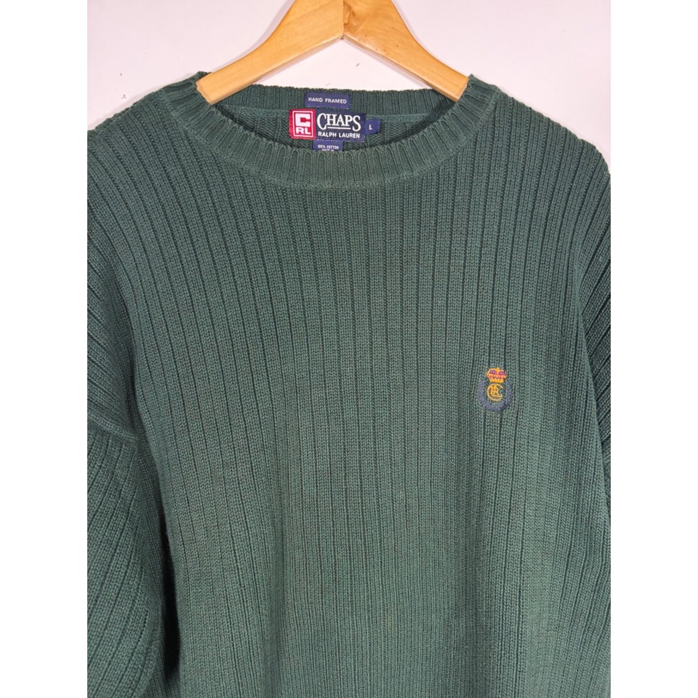 Chaps Ralph Lauren Mens Green Ribbed Cotton Crewneck Sweater Crest Logo Large